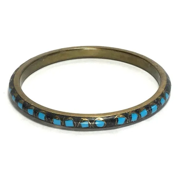 Vintage Brass and Turquoise Glass? Mosaic Bangle Bracelet Tribal Boho - Picture 4 of 5